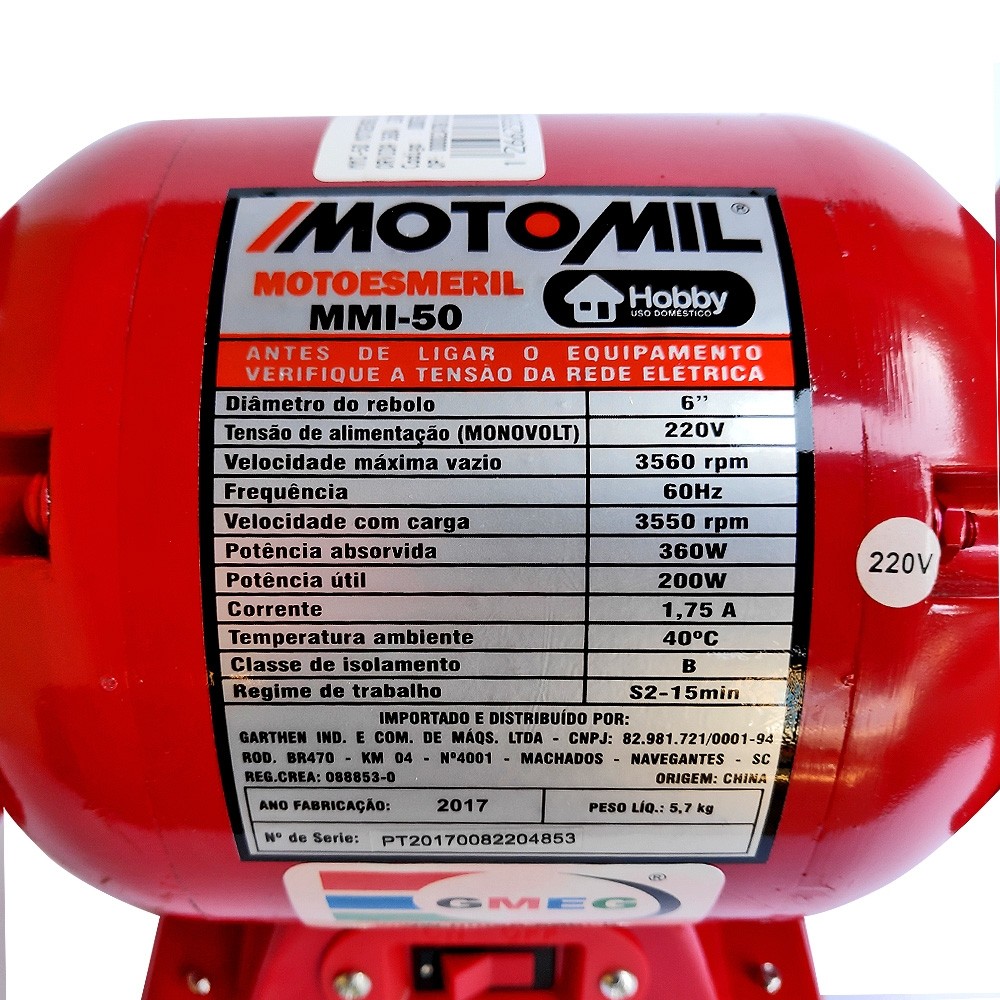 Moto Esmeril Motomil 1/2 HP 360 Watts MMI 50 220 Volts